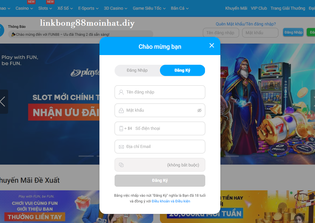 Nhập thông tin đăng ký fun88